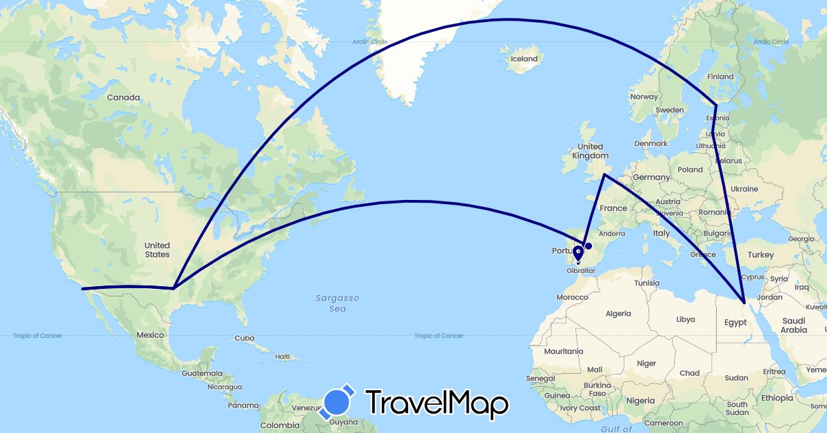TravelMap itinerary: driving in Egypt, Spain, Finland, United Kingdom, Latvia, Turkey, United States (Africa, Asia, Europe, North America)